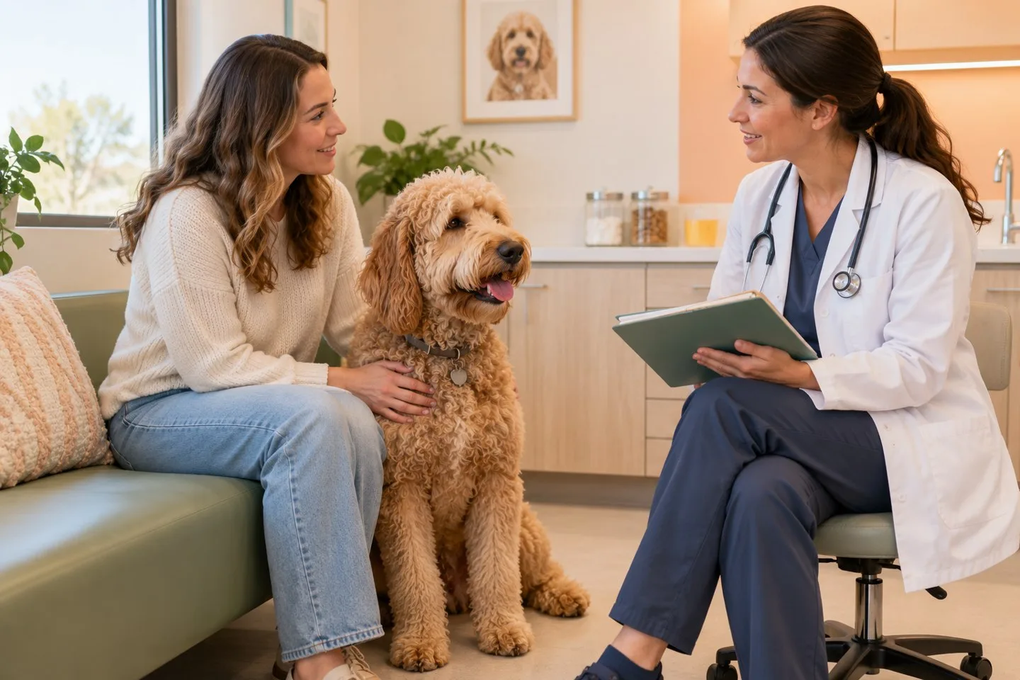 An owner with a curly-coated dog discussing a folder with a veterinary professional
